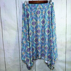 Vintage Ashley Blue Multi Paisley Boho Handkerchief Hem Skirt XL Festival Gypsy
